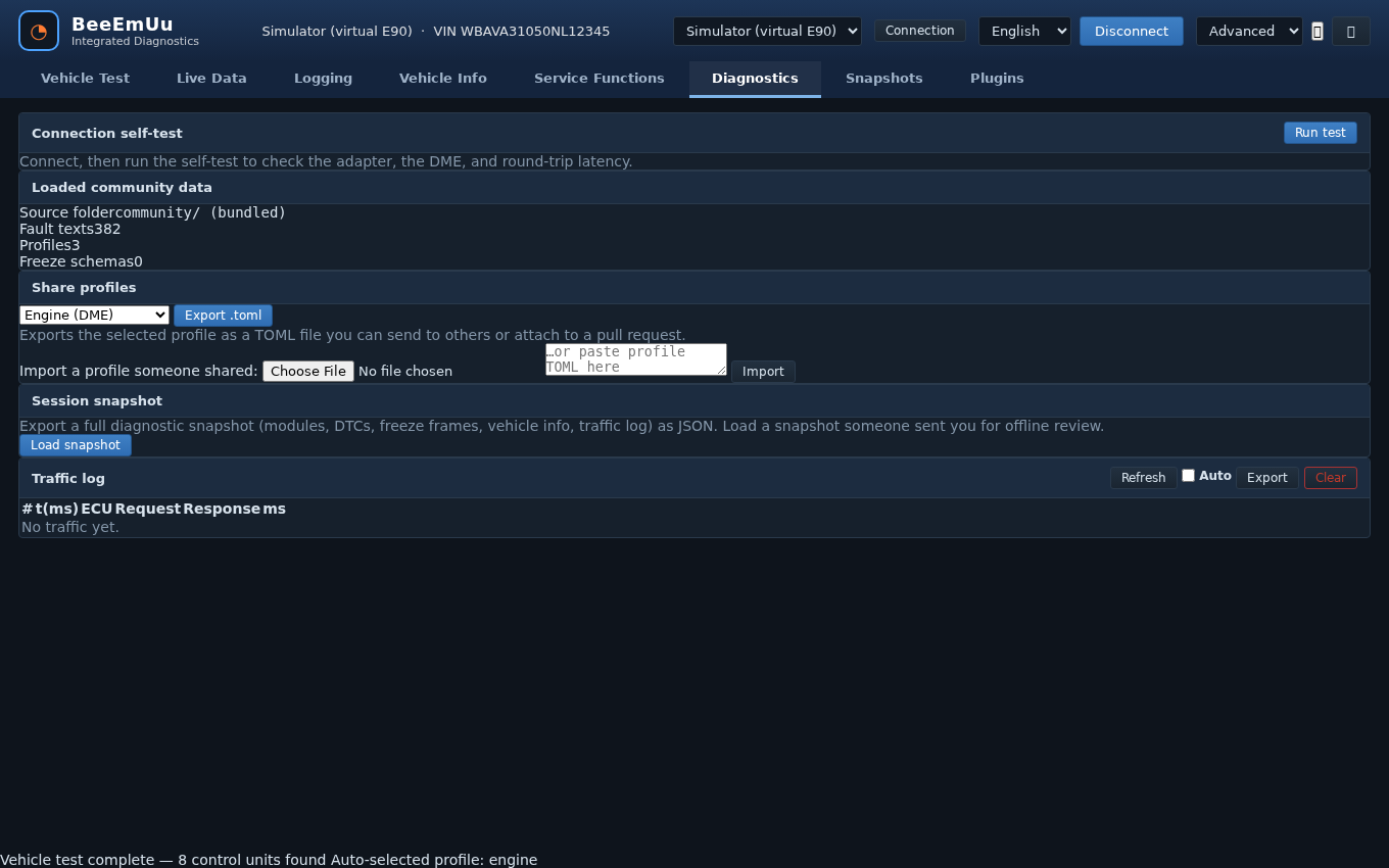 BeeEmUu diagnostics tab with connection self-test and community data