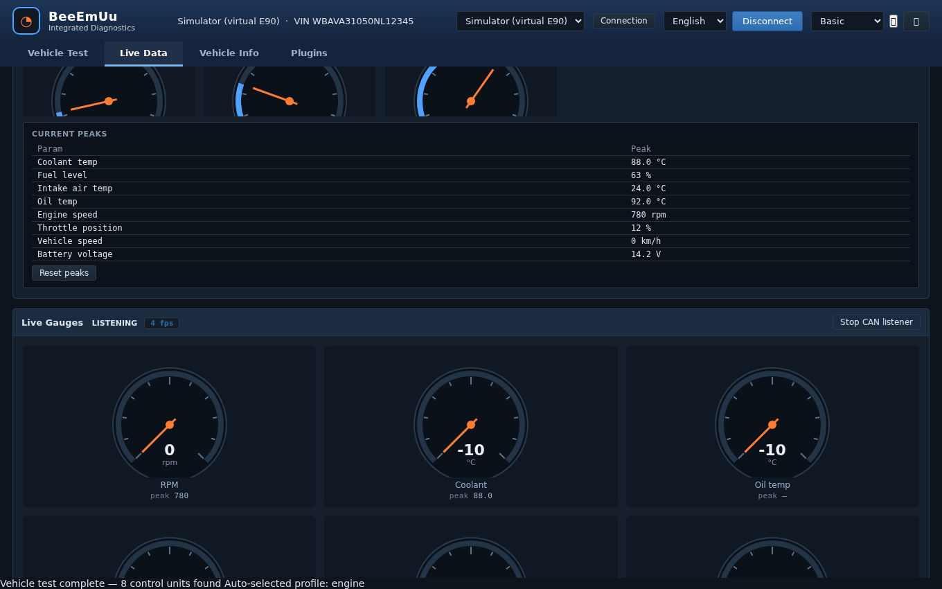 BeeEmUu live data view with real-time gauges and peak tracking