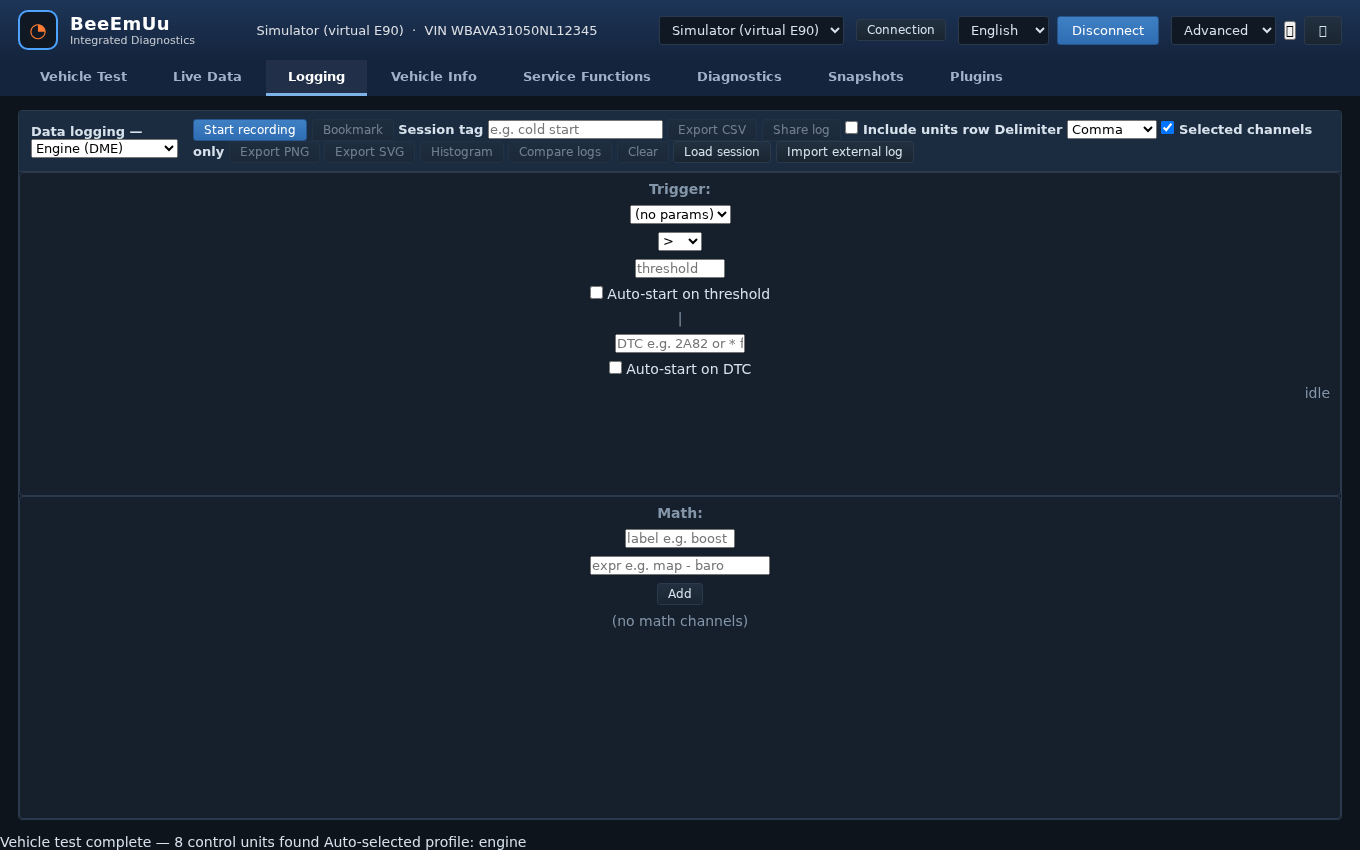 BeeEmUu logging tab with trigger and math channel configuration