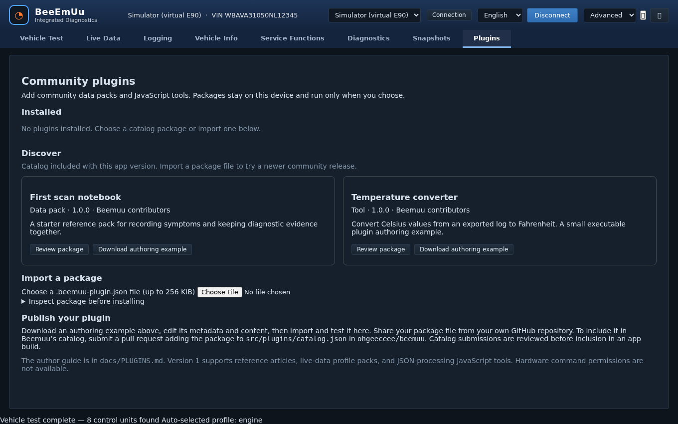 BeeEmUu community plugins catalog with discover and import sections